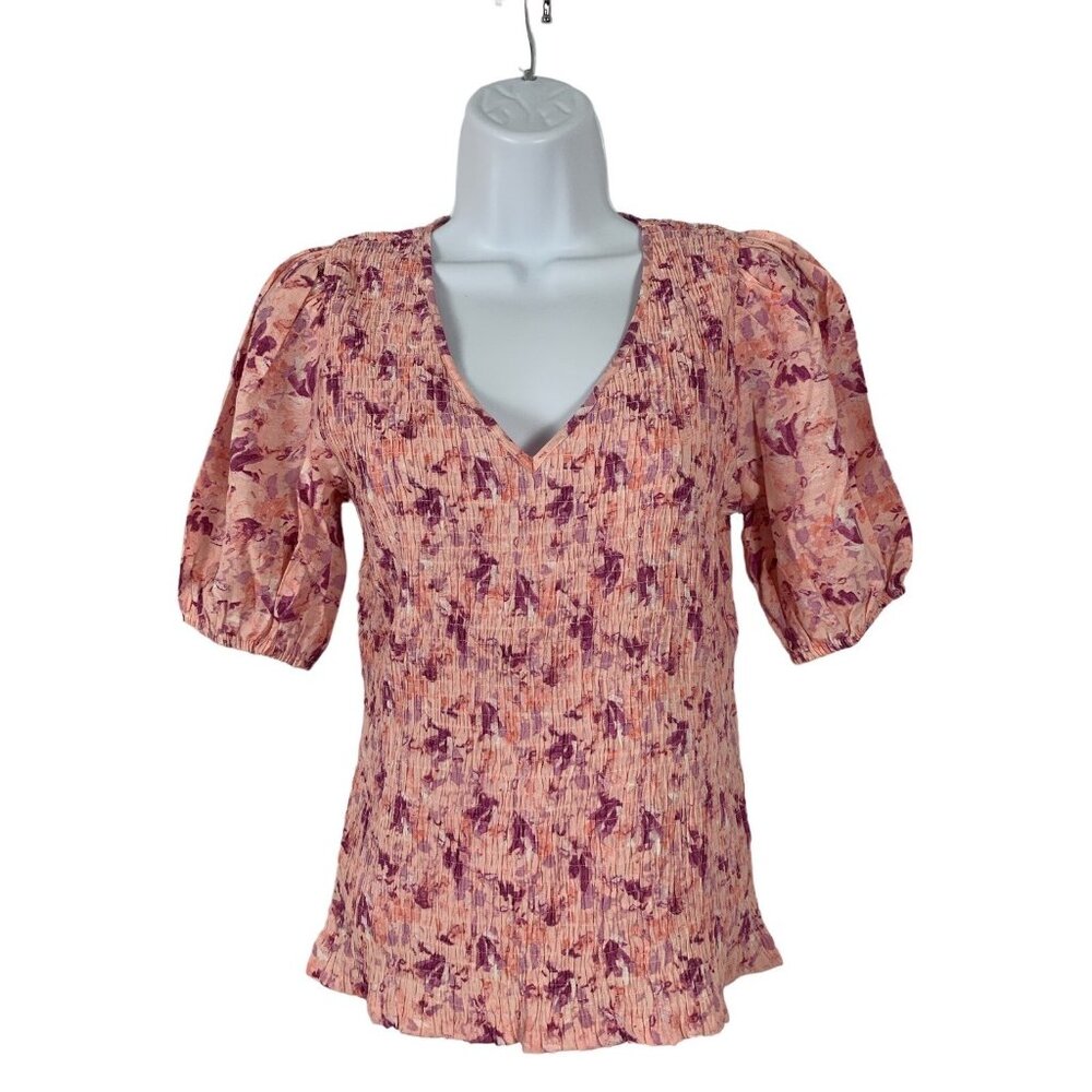Nine West Womens Floral V-Neck Blouse With Puff Sleeves Size Small - Picture 1 of 9